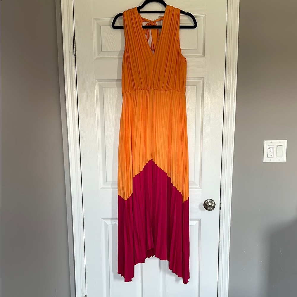 Express Orange and Pink Color Block Pleated Sundress